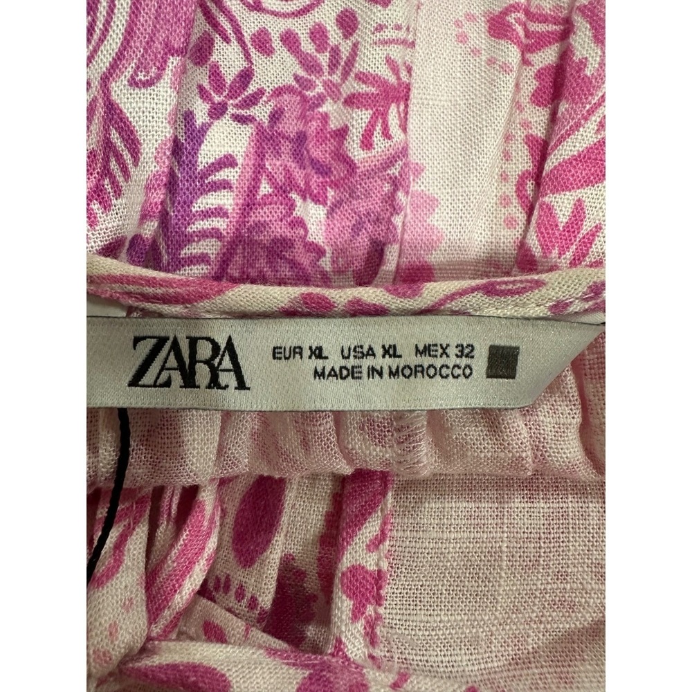 Zara Pink Paisley Tiered Mini Dress Linen Blend XL Boho Cottagecore - Picture 4 of 6
